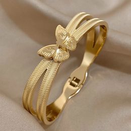 Trendy Butterfly Stainless Steel Charm Bracelet For Women Girls Sweet Gold Silver Color Waterproof Cuff Bangle Party Jewelry 240423