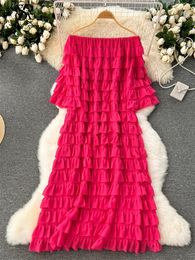 Casual Dresses SINGREINY Sweet Ruffles Cake Dress Slash Neck Flare Sleeves Long Loose Senior Off The Shoulder Solid Party Sexy