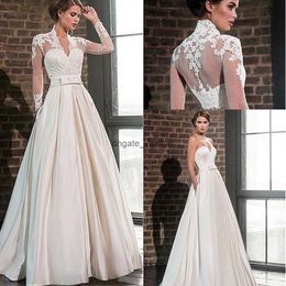 Elegant Sweetheart Satin A Line Wedding Dresses with Lace Jacket Long Sleeves V Neck Floor Length Bridal Gowns Pockets Robe De Mariage