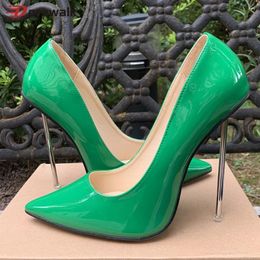 Dress Shoes 12cm Metal Pumps Glossy Patent Stilettos Chic Green Elegant High Heels Pointed Toe Crossdresser Unisex Big Size45 46