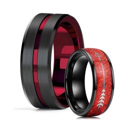 Bands New Men's Classic Red Groove Beveled Edge Black Stainless Steel Men Wedding Rings Inlay Red Meteorite Ring Arrow Engagement Ring