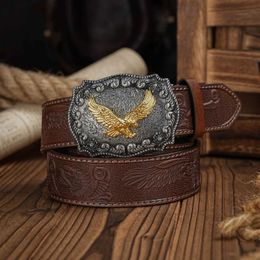 Waist Chain Belts Western Cowboy Leather Buckle Belts eagle Pattern Floral Engraved Buckle Belt for Men Y240422