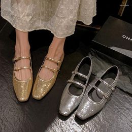 Dress Shoes 2024 Spring Summer Women Pumps Natural Leather 22-24.5cm Sequin Cowhide Pigskin Square Toe Buckle Low Heel Mary Jane
