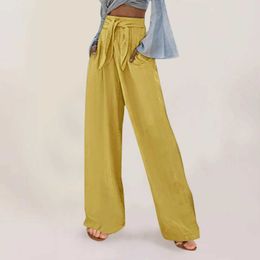 여성용 바지 카프리스 여성 긴 바지 캐주얼 한 단색 느슨한 포켓 탄성 벨트 하이 허리 바지를 찍는 바지 암컷 의류 2024 Y240422