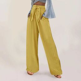 Calça feminina capris mulheres calças longas calças de cor sólida casual bolsos soltos cinturão elástica de cintura alta calças de limpeza roupas femininas 2024 y240422