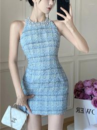 Casual Dresses Luxury Beaded Thin Tweed Dress Women Summer Plaid Halter Mini Bodycon Sexy Backless Korean Fashion Vestidos Robe Femme