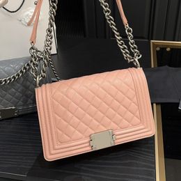 Women Boy Grey Pink Caviar Leather Cowhide Classic Flap Quilted Boy Bags Aged Silver Metal Adjustable Strap Crossbody handbags Serial Number Outdoor Purse 25CM