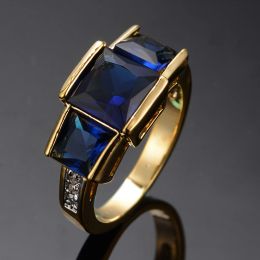 Bands Luxury Female Crystal Blue Stone Ring Big Yellow Gold Colour Wedding Rings For Women Vintage Bride Square Engagement Ring