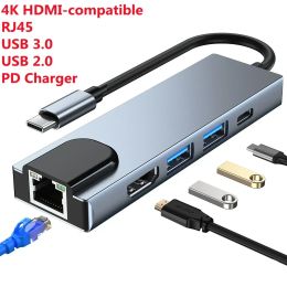 Hubs USB C Hub 5in1 MultiPort Adapter with USB 3.0 Ethernet Network PD Charger 4k HDMI Compatible Adapter for All Types of Laptops