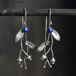 Dangle Chandelier Vintage Round Blue Stone Earrings Metal Geometry Silver Colour Carved Plant Leaves Jewellery H240423