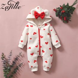 One-Pieces ZAFILLE Baby Girl Clothes Heart Hooded Zipper Baby's Rompers Plus Velvet Warm Winter Jumpsuit For Kids Overalls Clothing