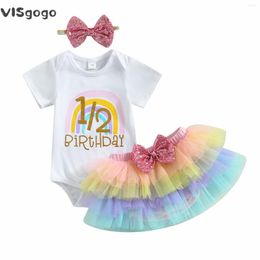 Clothing Sets VISgogo Baby Girls 3Pcs Summer Clothes Birthday Outfits Short Sleeve Letter Romper Colourful Tutu Shorts Headband Set