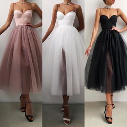 Womens Elegant Tube Top Strap Dress Stitching Mesh Mid Length Hepburn Style Small Black