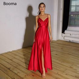 Party Dresses Simple Red V-Neck Prom Spaghetti Straps Ruched High Split Long Formal Gowns Open Back Sleeveless A-Line Evening