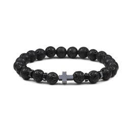 Strands Dropshipping Hot Men Natural Lava Stone Bead Bracelets Hematite Cross Rosary Meditation Prayer Jesus Bracelet Women Yoga Jewelry