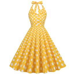 1950 Hepburn Style Lapel Cardigan Polka Dot Plaid Halter Backless Sexy Mid Length Large Swing Retro Dress Cotton Women