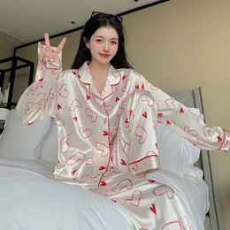 Womens Pyjamas Sets Spring Autumn 2 Piece Print Heart Pyjama Faux Silk Satin Sleepwear Long Sleeve Pijama Mujer Pjs Homewear 240410