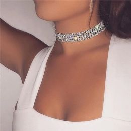 Necklaces New Crystal Rhinestone Choker Necklace Women Wedding Accessories Silver Color Chain Punk Gothic Chokers Jewelry Collier Femme