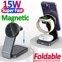 Chargers Foldable15W Magnetic Wireless Charger Stand for iPhone 14 13 12 Pro Max Apple Watch Airpods 3 in 1 Fast Charging Dock Station