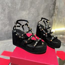 Women Black Crochet Wedge Sandals Woven Platform Slippers Chunky Rope Sole Espadrille Lady Platforms Heel Wedgies