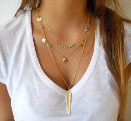 Necklaces Hot Fashion Gold Colour Multilayer Coin Tassels Lariat Bar Necklaces Beads Choker Feather Pendants Necklaces For Women Bijoux