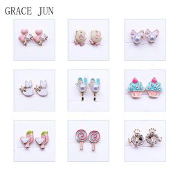Earrings GRACE JUN Cute Cartoon Animal Gold Colour Clip on Earrings for Girls Fashion Enamel Pearl Flower Fish Cuff Ear Clip Wholesale