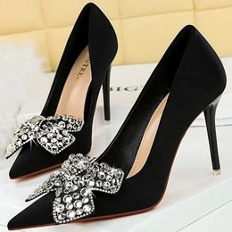 Dress Shoes BIGTREE Western Style Party 10.5 CM Super High Heels Pumps Shallow Pointed Toe Silk Crystal Butterfly Knots Ladies 34-43