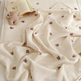 sets 135*85cm Baby Blanket Newborn Swaddle Wraps 6 Layers Cotton Gauze Korean Bear Embroidery Kids Sleeping Blanket Bedding Accessory