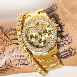 Watches Men Watches High Quality Crystal Diamond Gold Watch Steel Bracelet Chain Sparkling Dress Wristwatch