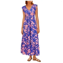 Casual Dresses For Women Knee Length Women's Summer Flowy Maxi Dress Cap Sleeve V Neck Smocked Soft