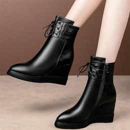 Boots Platform Pumps Women Lace Up Genuine Leather Wedge High Heel Ankle Female Winter Pointed Toe Fashion Sneakers Casual Shoes