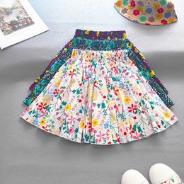 Röcke Kinder Mädchen Prinzessin plissierte koreanische Baumwolle gedruckt großer Saum Rock Blumenflauschige Party Kinder Kleidung H240423