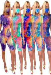 Women 3 piece Outfits sets with Face Mask Summer fashion clothes tiedye t shirt Biker Shorts tracksuits clubwear sportswear casua1063049