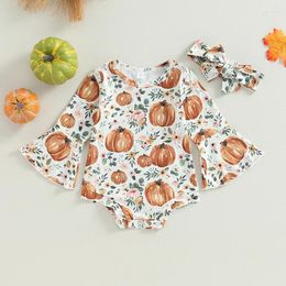 Rompers 2024-06-04 Lioraitiin 0-12M Born Baby Girls Halloween Clothes Flower Pumpkin Print Flare Long Sleeve Fall Bodysuits