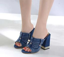 Slippers Shoes Peep Toe Womans Loafers Luxury Slides Women Heels Square heel 2020 Denim Designer Summer High Block PU H240423