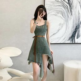 Casual Dresses Sweet Girl Sleeveless Square Collar Denim Dress For Women's Spring And Summer High Waisted Slit Irregular A-line