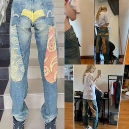 Lucky God Jeans Size M Jacquard broderade byxor för män och kvinnor rakt rör Löst tryck skarvad masig modemärke ISS 542814
