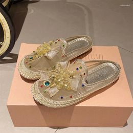 Slippers Mesh Flats Women Mules Shoes Crystal Luxury Bow Sandals Casual Flip Flops Designer Summer 2024 Walking Femme Slides