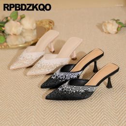 Slippers Crystal High Heels Satin Jewel Mules Rhinestone Diamond Stiletto Closed Toe Women Shoes Pumps Half Slides Sandals Silk