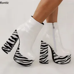 Boots Rontic Handmade Women Winter Ankle Platform Patent Leather Hoof Heels Round Toe Elegant White Party Shoes US Size 5-15
