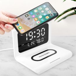 Chargers Wireless Charger Pad Stand with Alarm Clock Thermometer for iPhone 15 14 13 12 11 Samsung S23 Xiaomi Phone Fast Charging Station