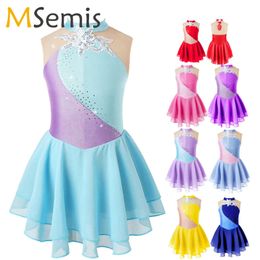 Kids Girls Sequined Rhinestones Ballet Dance Leoatards Figure Ice Skating Dress Gymnastics Leotard Tutu Skirt Dance Costume 240516