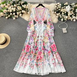 Casual Dresses Fashion Runway Gorgeous Flower Chiffon Cascading Cake Dress Women Deep V Neck Long Sleeve Floral Print Boho Robe Vestido 6598