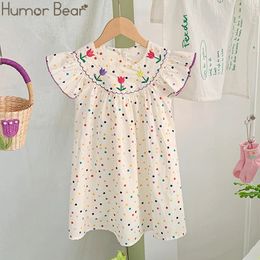 Humor Bear Childrens Clothes Girl Dress Korean Embroidery Flying Sleeve Sweet Colorful Polka Dot FPrincess For 27Y 240420