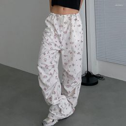 Women's Pants Floral Pleated Basic Straight Casual 2024 Drawstring Waist Loose Dopamine Wear Pastoral Style Woven