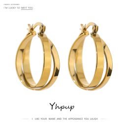 Earrings Yhpup Charm Metal Layered Round Hollow Hoop Earring for Women Stainless Steel Gold Colour 18 K Plated Trendy Earrings Party Gift