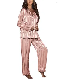 Women's Sleepwear Spring Satin Pyjamas Set Women Striped Homewear Lounge Wear Pjs Loungewear Loose Nightwear Sleep For