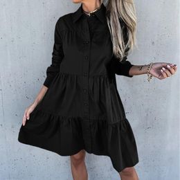 Casual Dresses Elegant Solid Colour Shirt Dress Women Lapel Long Sleeve Ruffle A-Line 2024 Office Ladies Mini