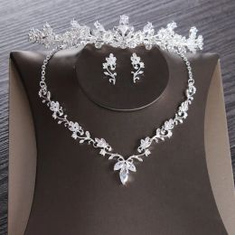 Necklaces Luxury Cubic Zircon Leaves Bridal Jewelry Set Wedding Jewelry Set Rhinestone Diadem Tiaras Crown Choker Necklace Earrings Bijoux