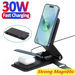 Chargers 30W 3 in 1 Magnetic Wireless Charger Pad Stand Fast Charging Dock Station for Macsafe iPhone 14 13 12 11 Apple Watch 8 7 Airpods
